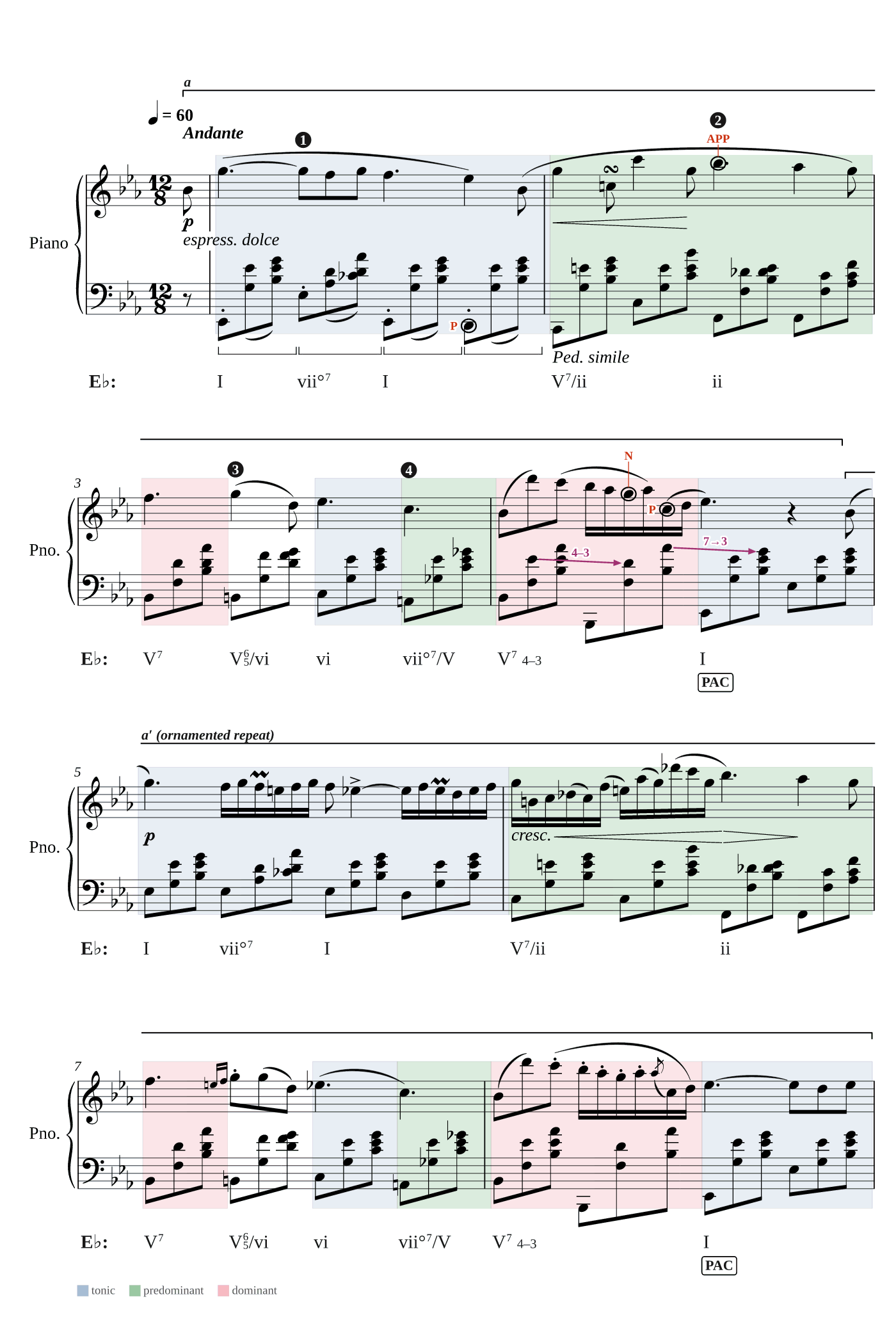 Chopin, Nocturne Op. 9 No. 2, bars 1 to 8, engraved with Roman numerals under each system, coloured bands for tonic, predominant and dominant, two perfect authentic cadences, phrase brackets, circled non-chord tones, voice-leading arrows and numbered callouts.