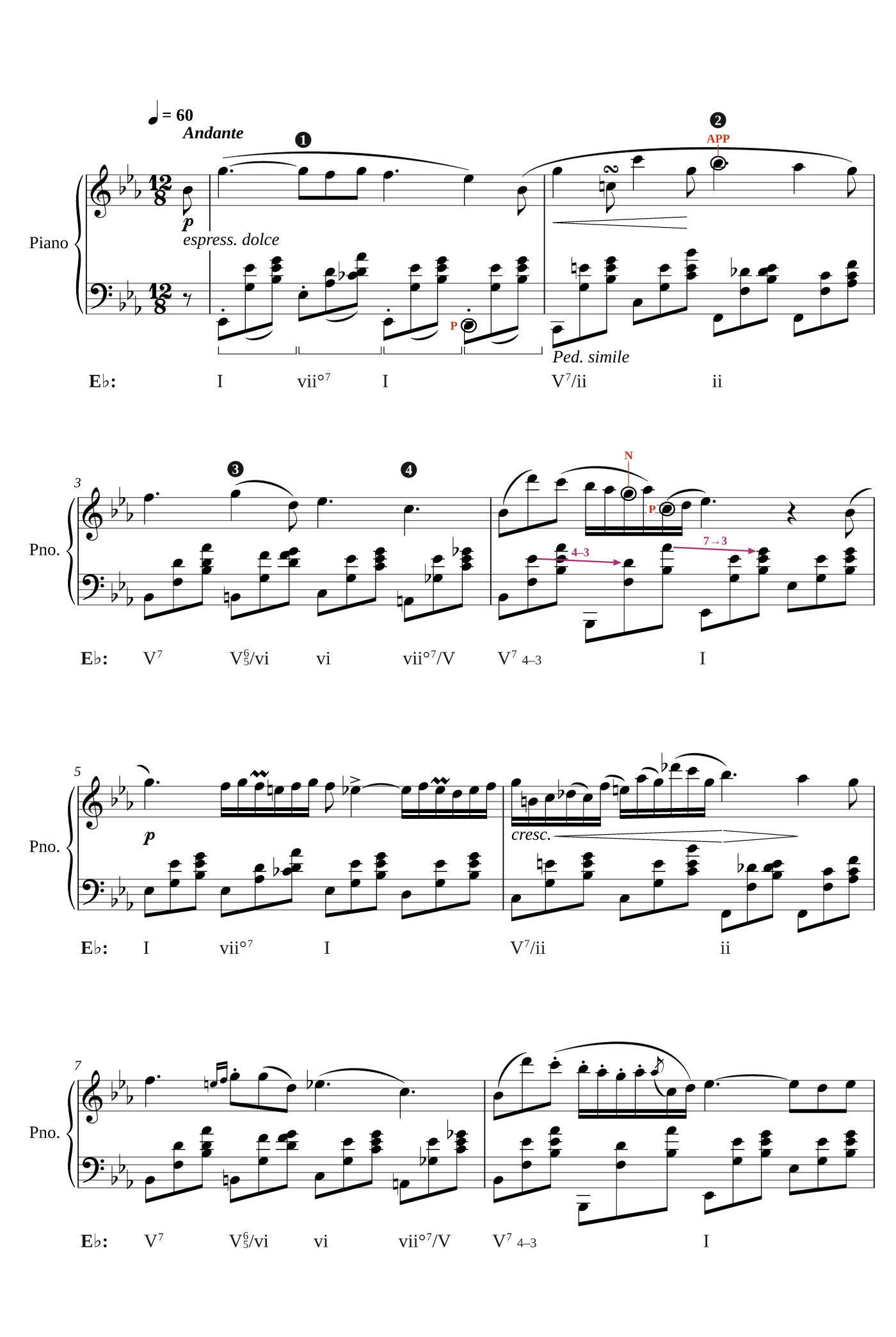 Voice-leading view: non-chord tones and resolution arrows.